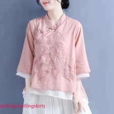 Womens Han Fu Tops Tang Chinese Style Embroidery Blouse Traditional Qipao Shirts