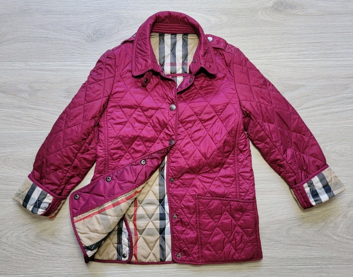 Auth Burberry Kids Girls Quilted Jacket Nova Check Burgundy Size