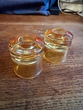 2 x Vintage Amber Glass MCM look Candlestick Holder, fit tall candle & tea light