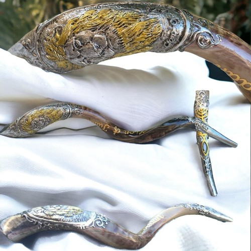 Shofar Lion of Judah Decoration 925 sterling silver &9K Gold Plated Kudu Horn 3D - Picture 7 of 24