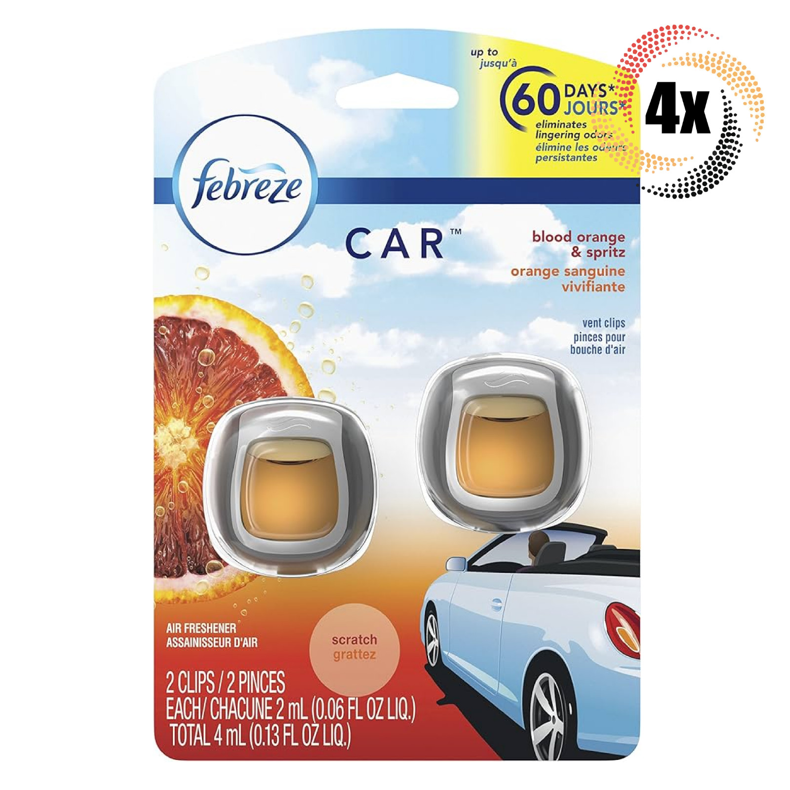 4 Упаковки освежителя воздуха Febreze Car Blood Orange Spritz с зажимом для вентиляции по 2 штуки 4 мл 7790₽