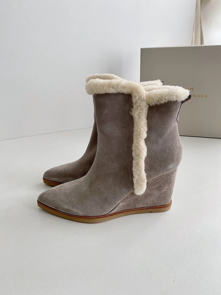 ✨Nuevos botines de cuña MARC FISHER Brendan de gamuza con ribete de piel de oveja grises para mujer talla 9M Foto 2 de 4
