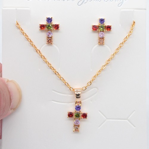 18K Gold Filled Women Multicolour Topaz Earrings & Pendant Cross Jewelry Set - Picture 3 of 4