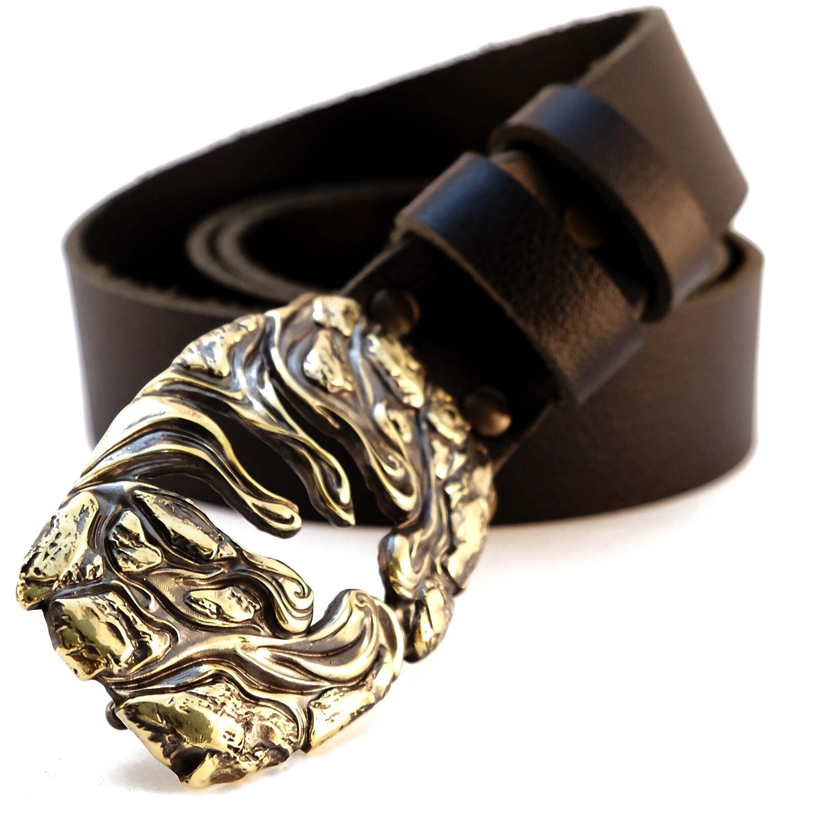 Leather belt with brass buckle Lava Trident, Ukrainian Polygonal Low poly design-image