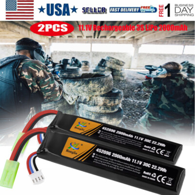 2x 11.1V Lipo Battery Airsoft RC 2000mAh 30C Rechargeable Mini Tamiya Connector