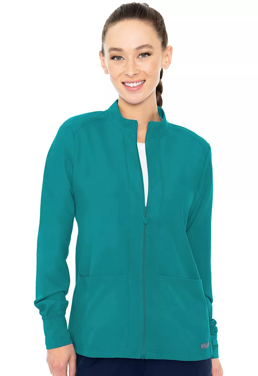 Med Couture Women Scrub Zip Front Warm Up With Shoulder Yokes