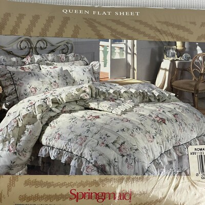 Springmaid Queen Ruffle Flat Sheet White Pink Rose Flower Floral Romance II