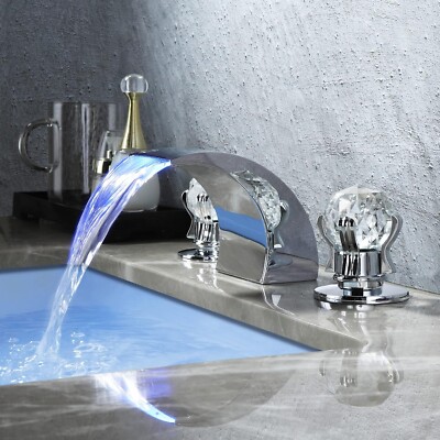 Chrome LED Bathroom Sink Faucet Waterfall Dual Handle Lavatory Basin Mixer Tap
