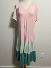 Lands  End Tall Flared Midi Dress Pink Mint Teal Color Block Stripe Sz M/T NWOT