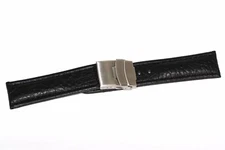 Genuine Buffalo Calf Black Stitched Watch Band Strap Stainless Deployment Buckle