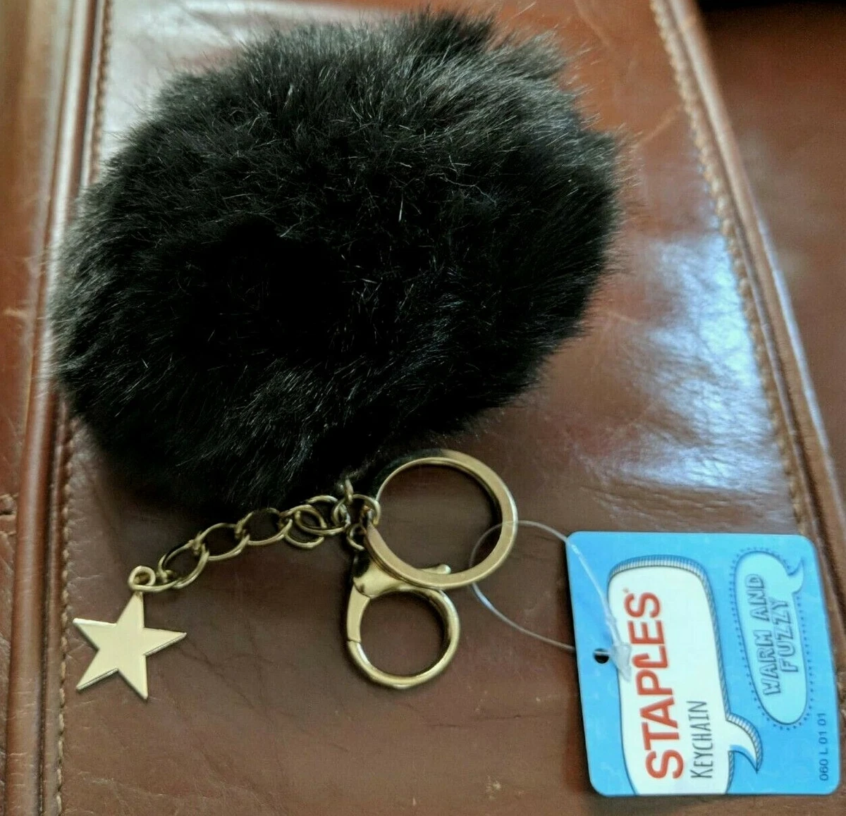 New Large BLACK Puff Ball Puffy Key Chain Keychain & Dangling Star Charm  Fob