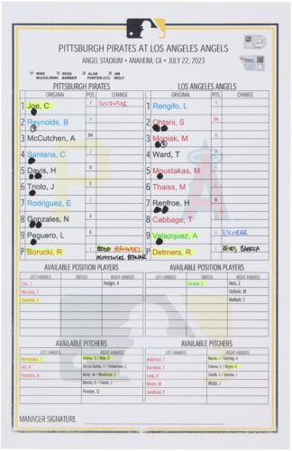 Pittsburgh Pirates Game-Used Lineup Card vs. Los Angeles Angels on July 22, 2023 - Picture 1 of 1