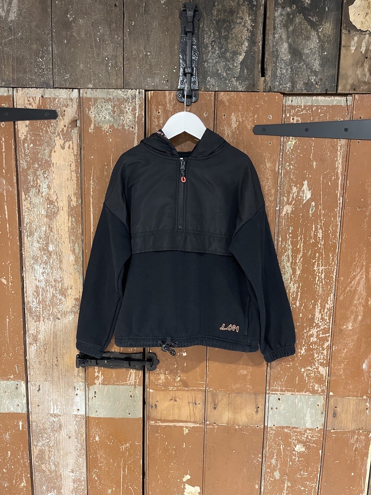 Losan Jacket Hooded Black Cotton Mix Kids Boys Size 12 Year Logo Pockets 1/4 Zip