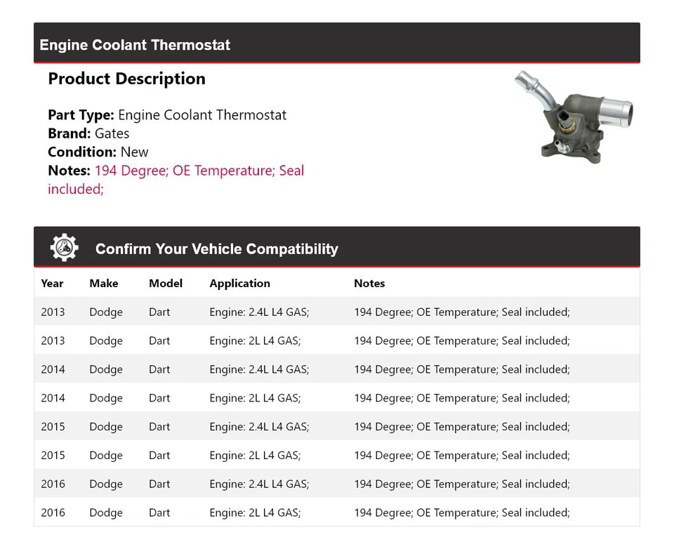 Puertas termostato refrigerante motor Dodge Dart 2013-2016 2014 2015 Foto 2 de 4
