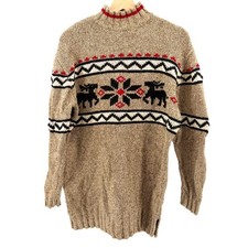 Vintage 90s Eddie Bauer Tan Red Fair Isle Reindeer Silk Blend Sweater