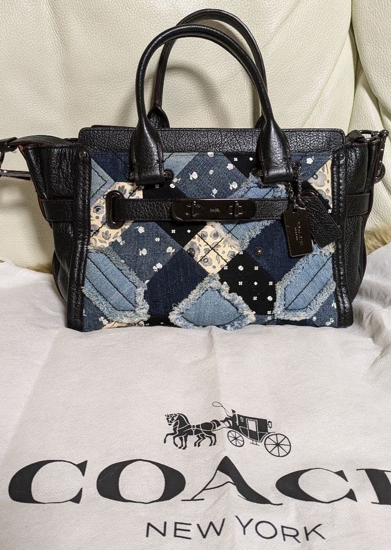 COACH Black Leather Denim Patchwork Shoulder Bag … - image 2