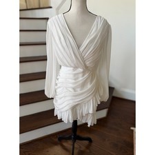 Showpo White Mini Long Blouson Sleeve Plunge V-Neck Ruched Dress