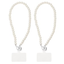 2Pcs Phone Wrist Strap 20" Cellphone Pearl Chain with Tether Tabs  Silver Clasp
