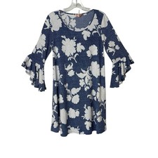 SJS Floral On Blue Faux Denim Style Flounce Sleeve Knee Length Womans L Dress