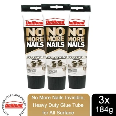 UniBond No More Nails Invisible, Heavy Duty Glue Tube for All Surface 184g, 3Pk