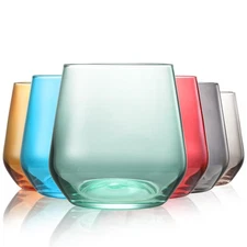 Colored Stemless Wine Glasses Set of 6, Hand Blown Premium Crystal Red White ...