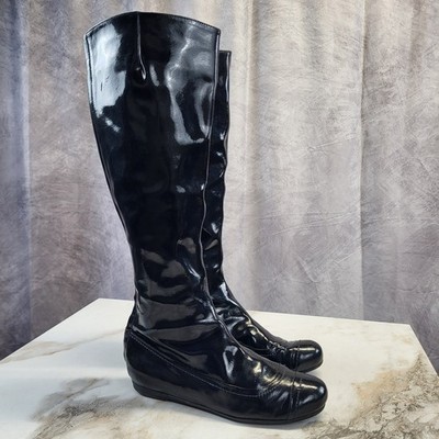 Lanvin Patent Leather Knee High Back Zip Boots Dark Blue Women's Size