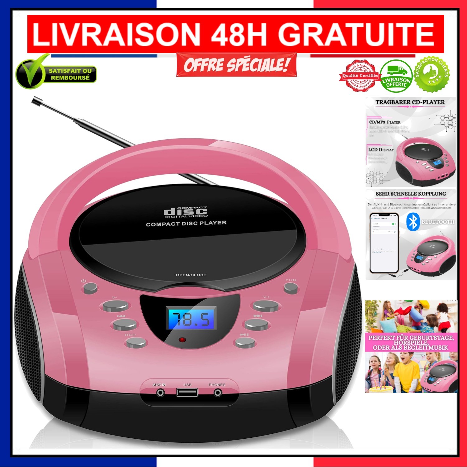 Boombox rose compact pour chambre d'enfant et pique-nique