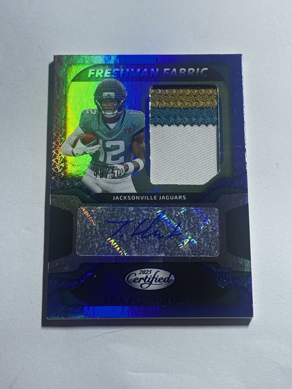 2025 Certified Travis Hunter Freshman Fabric Mirror Patch Blue RC Auto /50