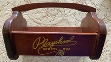 Vintage 1950s Playskool Children’s Wooden Sewing Box/7" X 9.5”/Gold Lettering