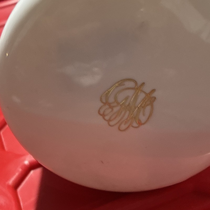 White Porcelain Powder Box Vanity Jar with Gold Monogram on Base