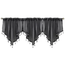 3 Pieces Black Beaded Sheer Valance with Rod Pocket Scalloped Window Curtains...