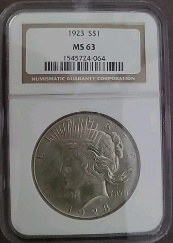 1923 MS63 Peace Silver Dollar $1.00:  Unc. NGC - 90% Silver