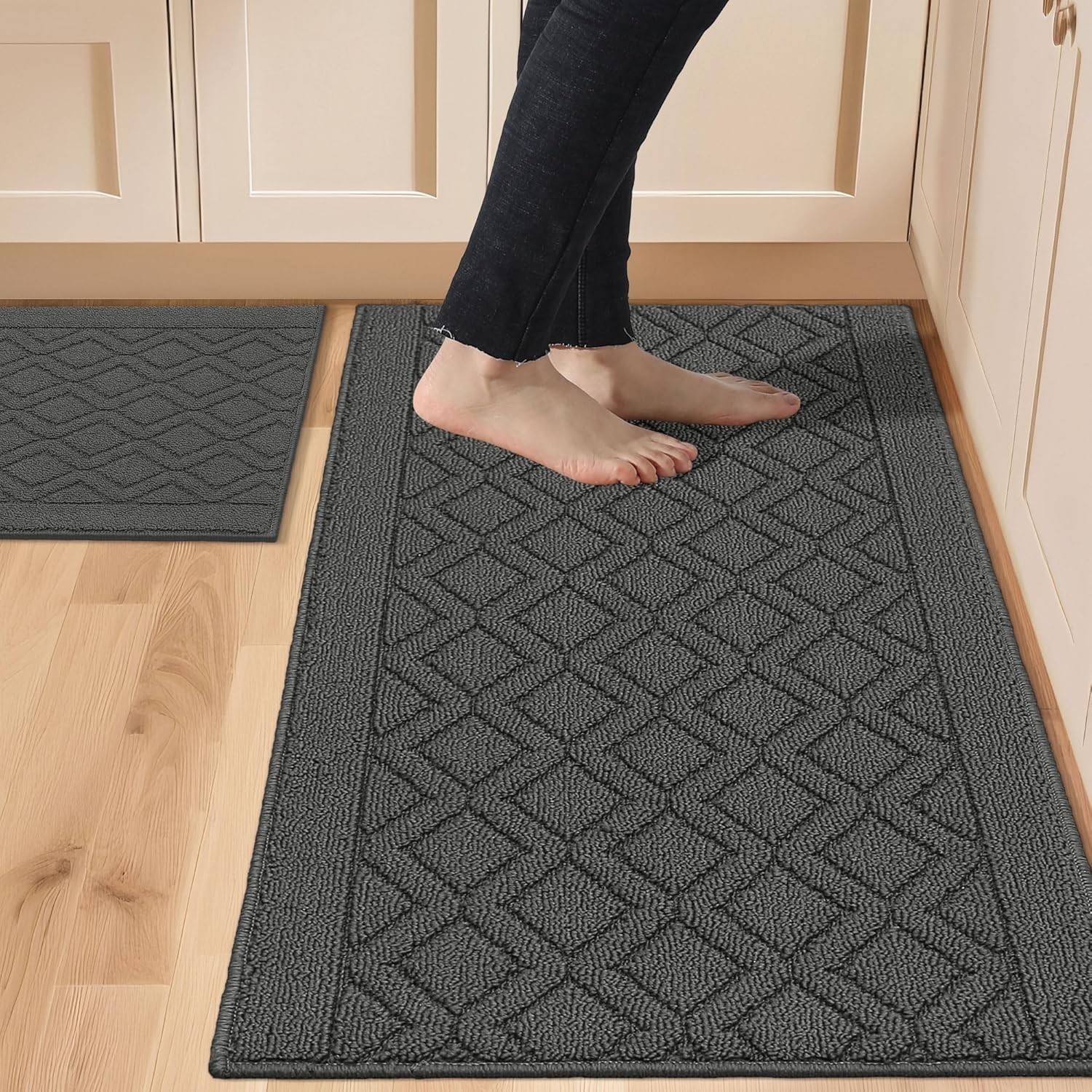 COSY HOMEER 2PCS Kitchen Rug Mats Set, Non-Slip Machine Washable Polypropylene