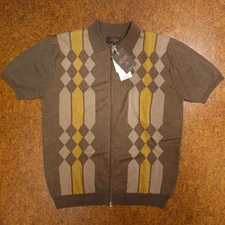 NWT BEAMS Plus Japan Ramie Cotton Argyle Full Zip Knit Polo Brown Medium