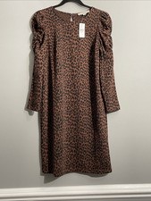 LOFT Leopard Print Midi Dress Womens Medium Ruched Long Sleeve NWT