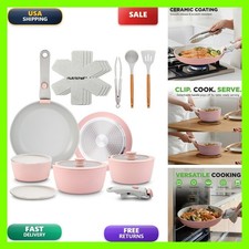 NutriChef 18-Piece Ceramic Cookware Set Detachable Handles Pink