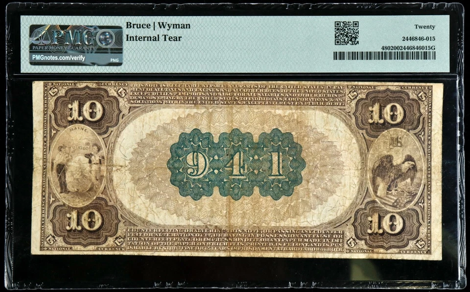 Fr#480 1882 $10 US Red Seal NB of Portland National Currency Note PMG 20 VF - Image 2 of 2