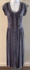 VTG Geeta Embroidered Boho Hippie Long Dress Ladies Sz M Worn Look Button Front