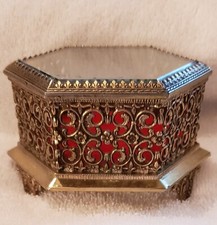 VINTAGE Brass Filigree Beveled Glass Jewelry Casket Trinket Box Hinged Lid Japan