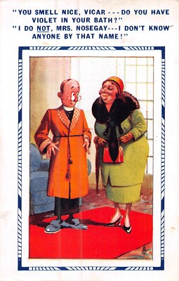 POSTKARTE COMIC DAME ZUM VIKAR DU RIECHST GUT HAST DU VEILCHEN IM BAD