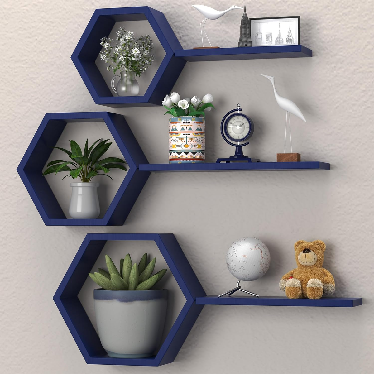 5-Pack Honeycomb Bamboo Floating Shelves – Hexagonal Display Rack, Farmhouse Wall Storage, Different Sizes, For Living Room, Bedroom, Study