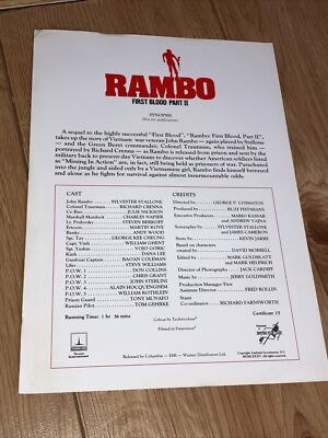 Rambo First Blood Part 2 - 1985 press synopsis. Sylvester Stallone Thorn EMI