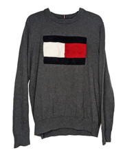 Tommy Hilfiger Men's Raised Big Flag Patch Sweater Size Medium Crew Neck Gray