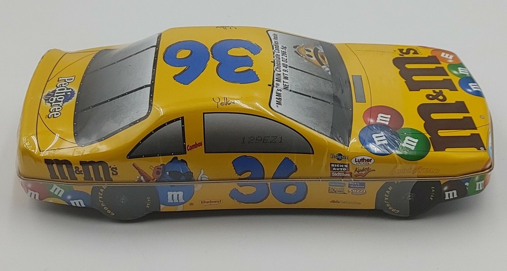 M&M's #36 Race Car Yellow Tin Candy Dish  M&Ms Sealed  Nascar Pedigree NOS
