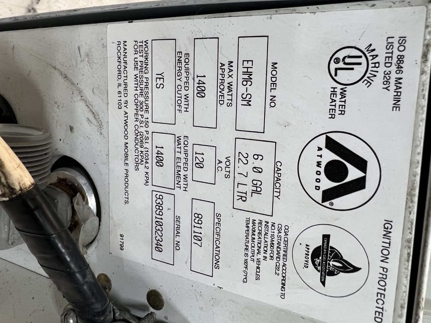 Atwood 6 gallon 1400 watt hot water heater tank EHM6SM boat marine RV