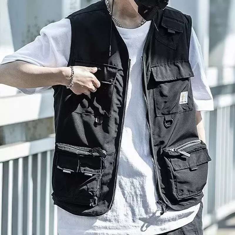 Men Fashion Cargo Multi Pockets Vests Sleeveless Outdoor Jackets Solid Waistcoat