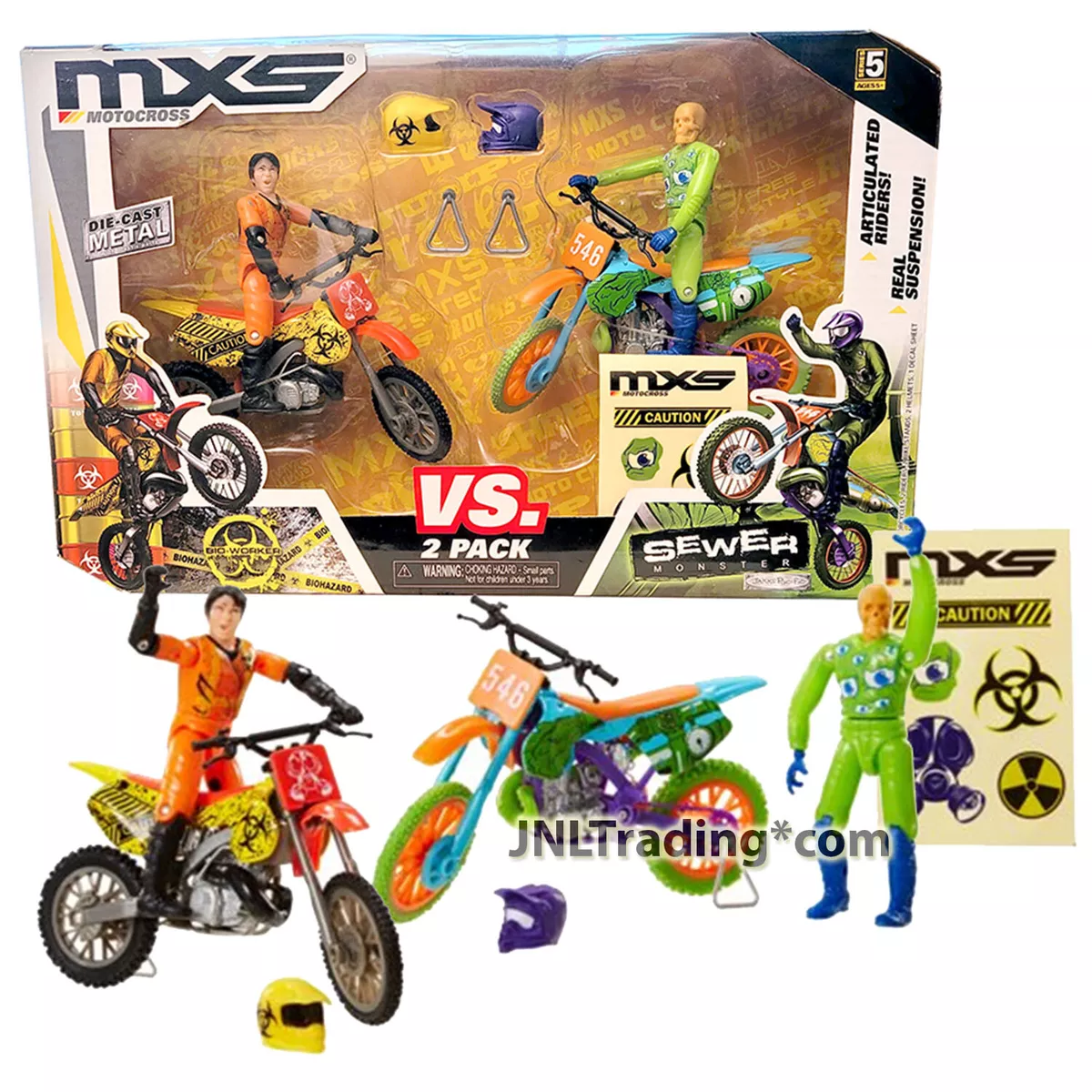 2014 MXS Motocross Die Cast 2 Pk Motorcycle w Rider BIO WORKER vs SEWER MONSTER