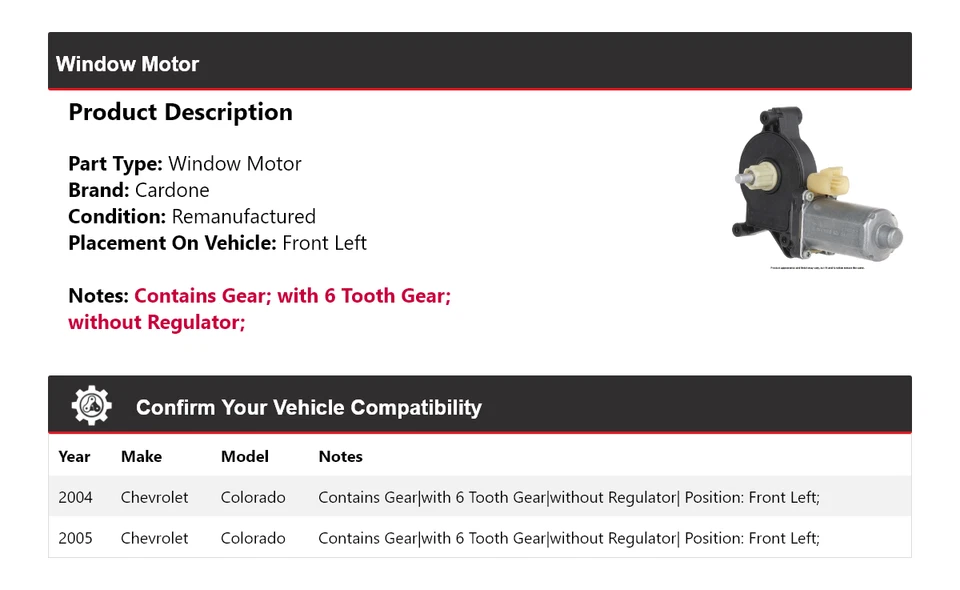 Motor de ventana delantero izquierdo cardone para Chevrolet Colorado 2004-2005 Foto 2 de 4