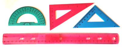 4 Vintage Used Plastic Ruler - Protractor - 2 Triangles Drafting Tools