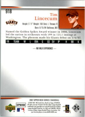 2007 Upper Deck #918 Tim Lincecum San Francisco Giants Rookie Card